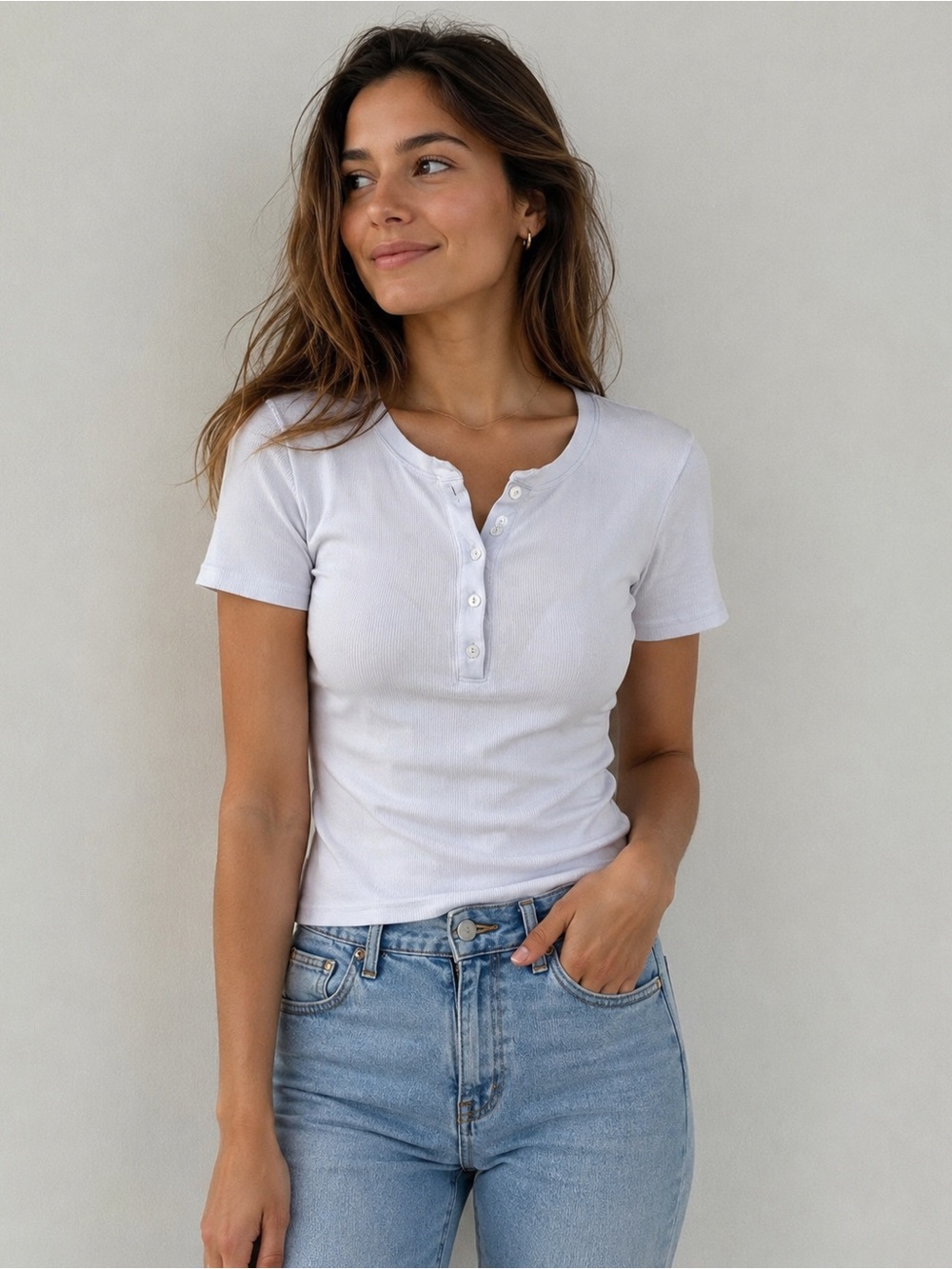Nili Lotan White Ribbed Cotton Henley T-Shirt Size S Made in USA